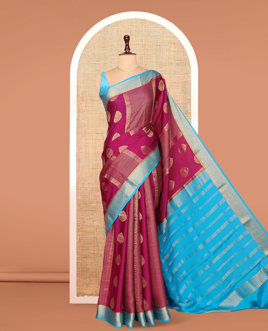 Purple Mysore Silk Saree, Decked Up with Zari Designs All Over Its Body, Complemented by Captivating Contrast Border of Traditional Zari Designs, Gleaming Zari Striped Pallu, and Paired with a Contrast Blouse