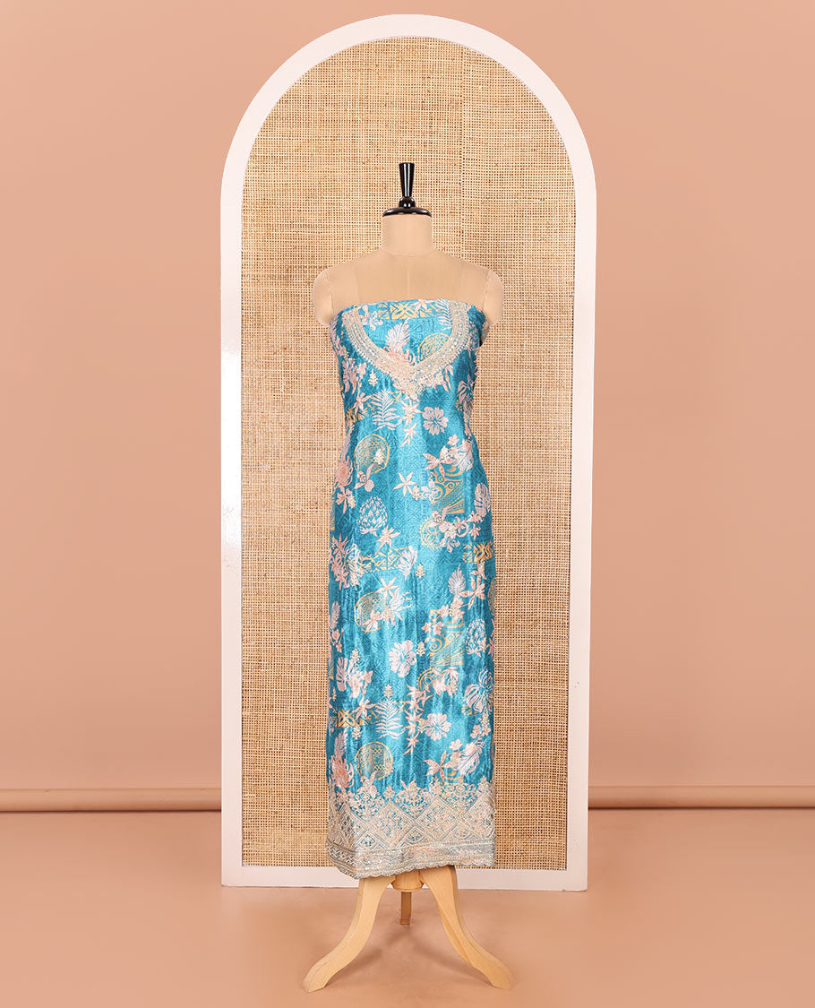 Blue Material Chudidar Set Embellished with Floral-Geometric Printed with Neck Embroidered Chinon Top, Subtly Made Plain Santoon Bottom, and a Chinon Dupatta Featuring Printed Border, and Glitter Dots