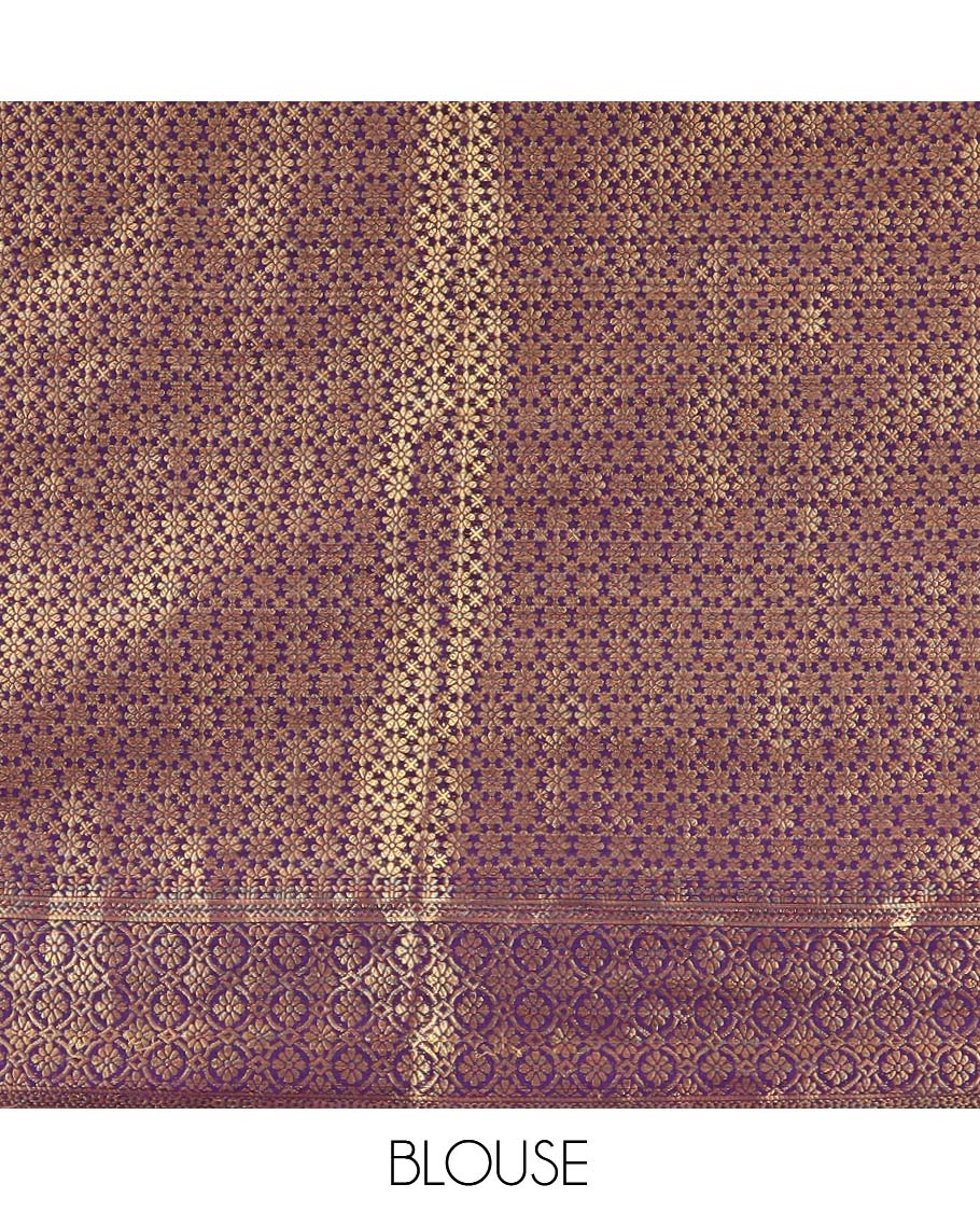 Purple Mysore Silk Saree Features Iruthalai Pakshi Buttas Enclosed Checks, a Traditional Border, Matching Blouse
