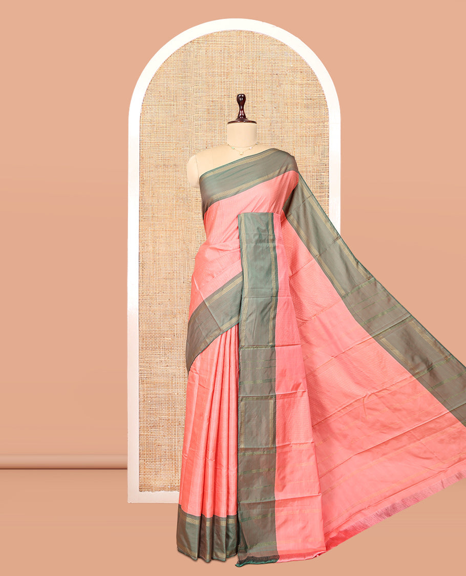 Peach Arani Saree, Sparsely Threaded with Butta Enclosed Checks, a Contrast Bodi Border, Self-Pallu, and a Matching Blouse