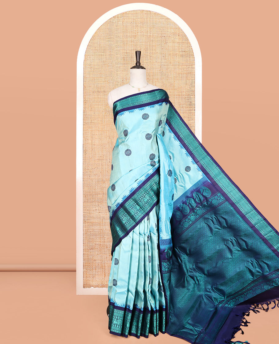 Blue Gadwal Silk Saree, Delicately Woven with Thread Buttas, Complemented by a Contrast Traditional Thread Border, Thread-Woven Pallu, and a Contrast Blouse