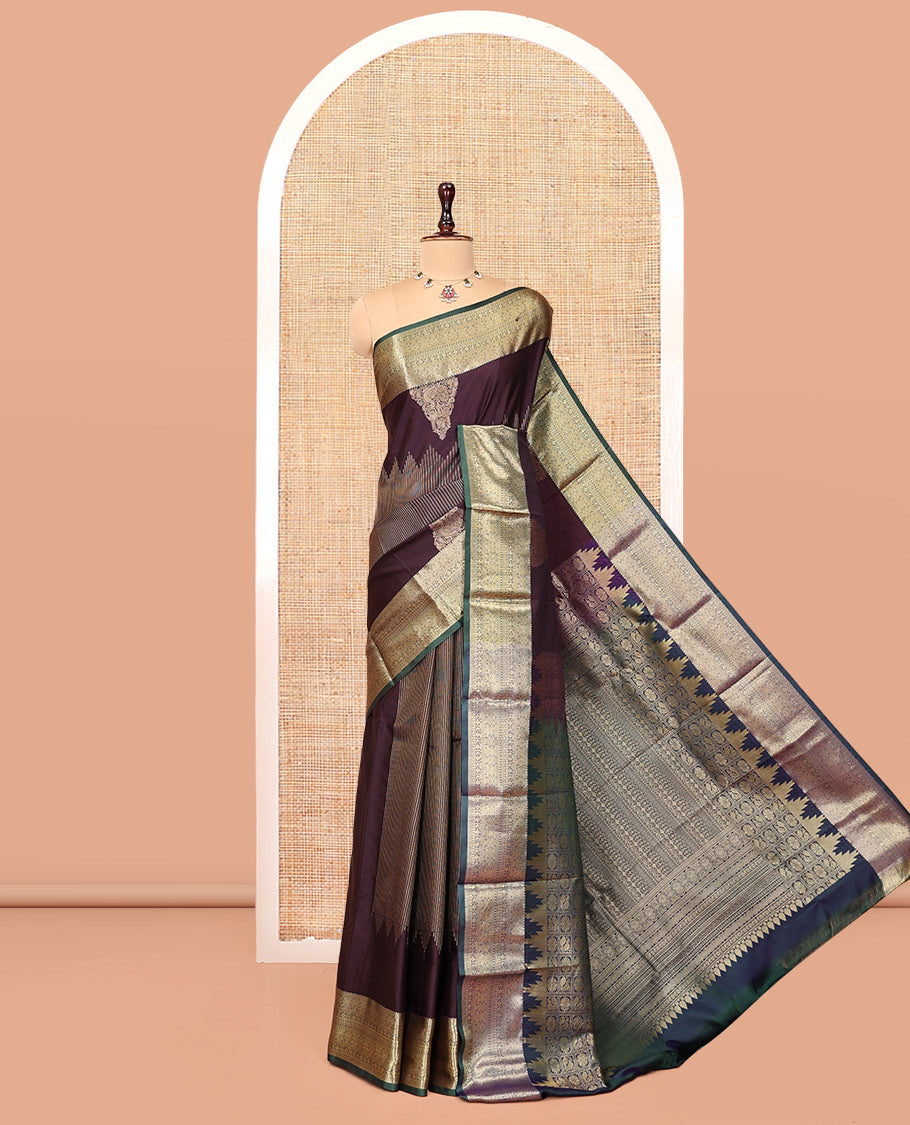 Brown Budget Silk Saree, Adorned with Zari Designs, Complemented by Contrast Traditional Zari Border, Pallu of Butta Enclosed Checks, and a Contrast Blouse