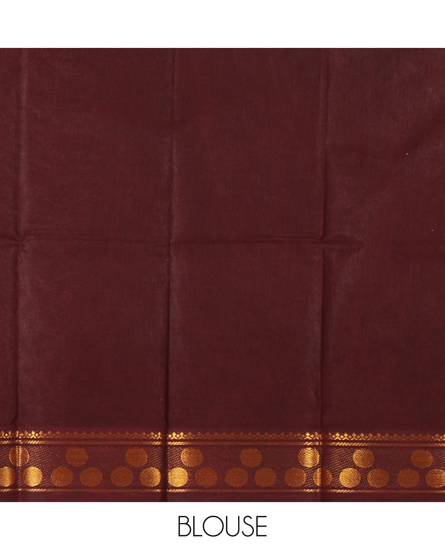 Off-White and Maroon Plain Sungudi Cotton Saree Accentuated with a Contrast Border of Temple and Zari Checks Designs, Subtly Zari Striped Pallu, and Paired with a Contrast Blouse