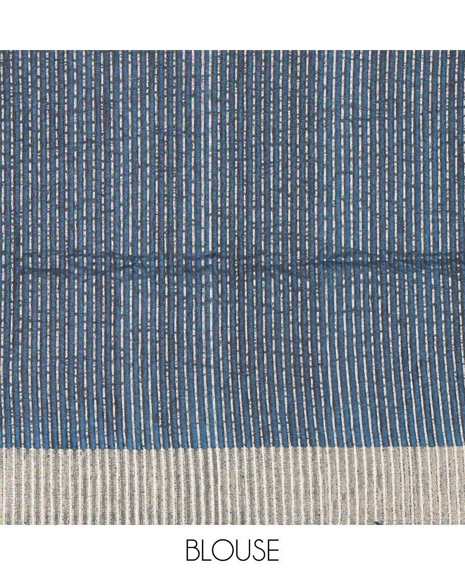 Peacock blue plain ghicha woven fancy tussar silk saree, tissue small border, striped pallu, and a matching blouse