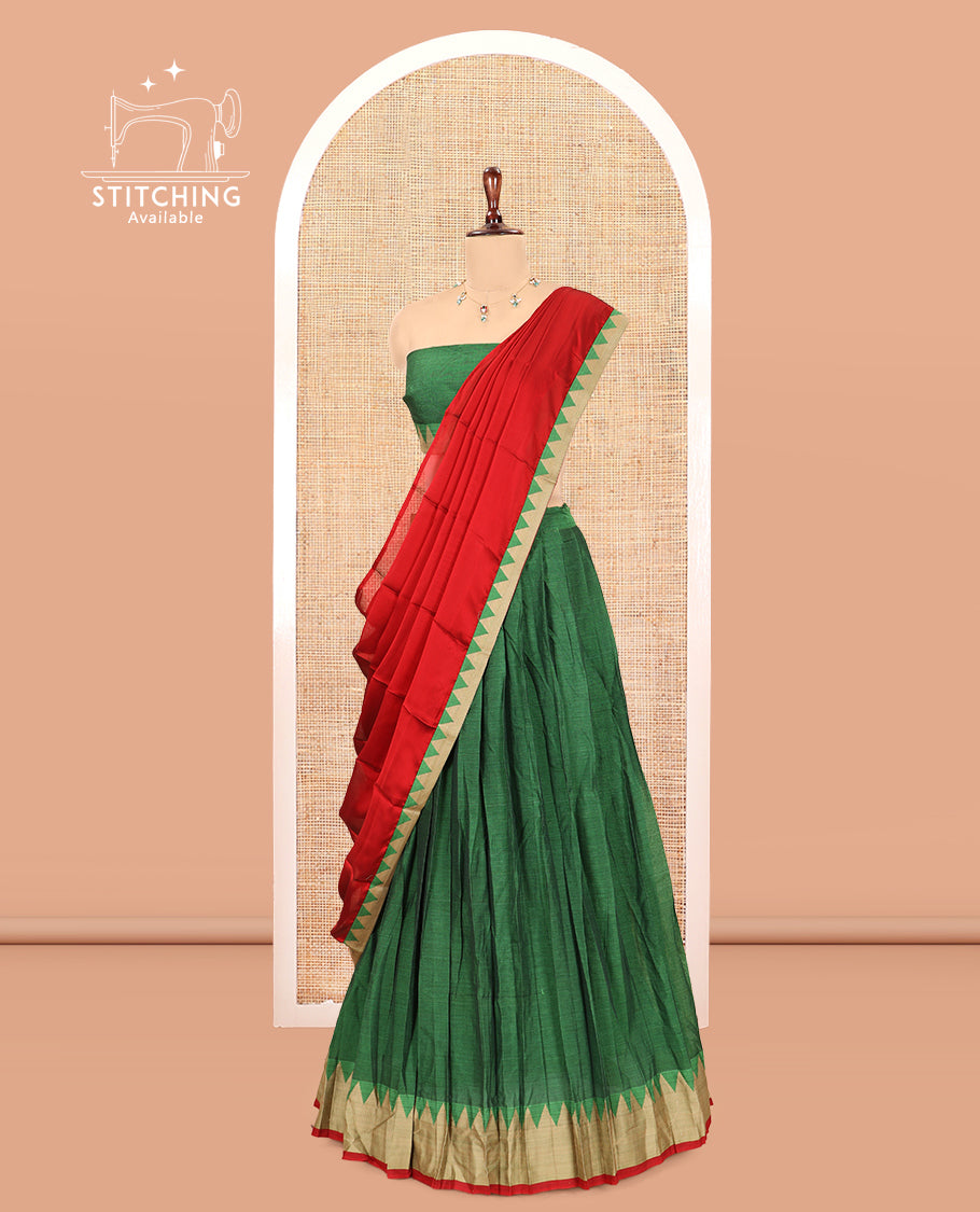 Leaf Green Mercerised Cotton Half-Saree, Plain Skirt, a Temple Border, a Matching Blouse, Contrast Dhavani