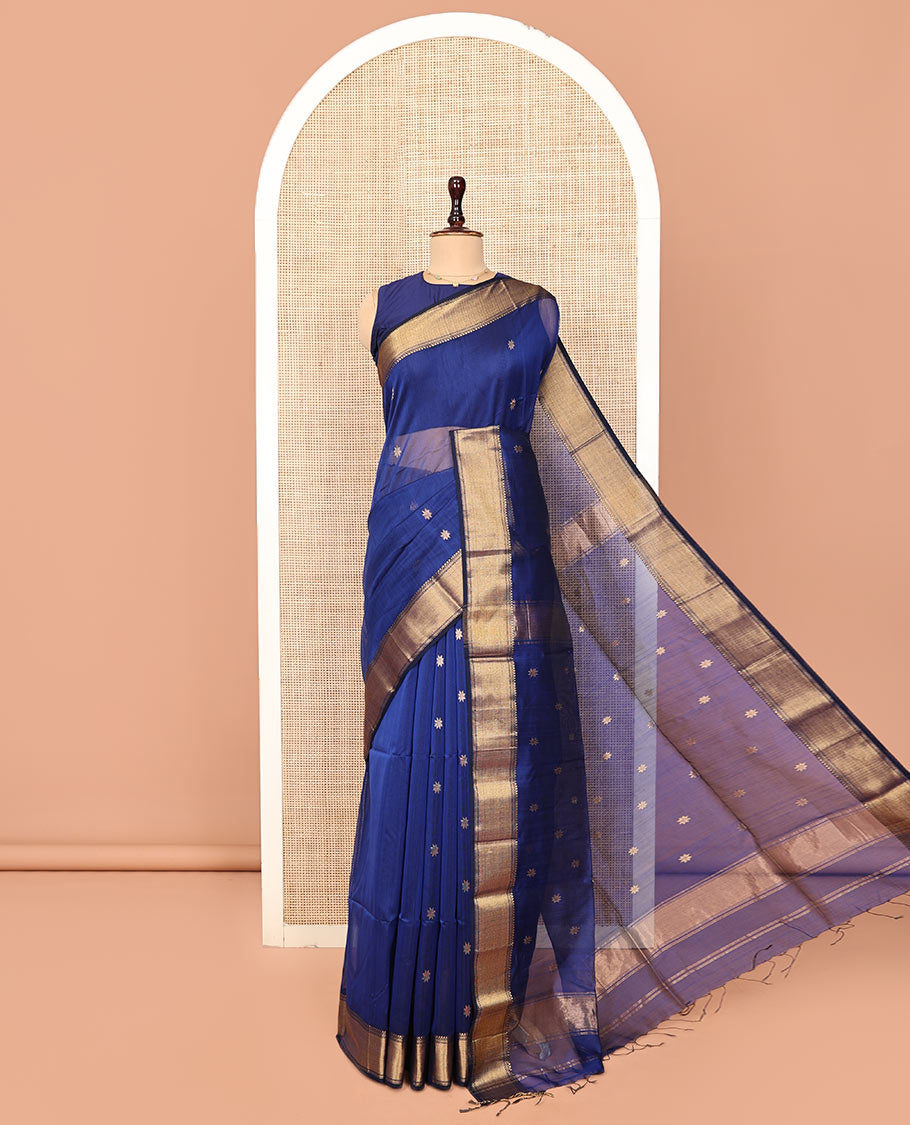Blue Maheshwari Cotton Saree, Detailed with Zari Star Motifs All Over Its Body, Highlighted by a Zari Border of Traditional Designs, Pallu Steeped with Star Zari Designs, and Paired with a Matching Blouse