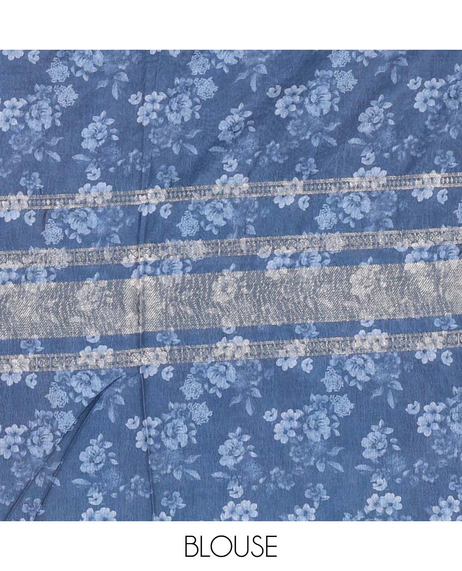 Grey floral, and bird motifs printed Moss crush saree, piping border, floral-bird printed pallu, and contrast printed blouse