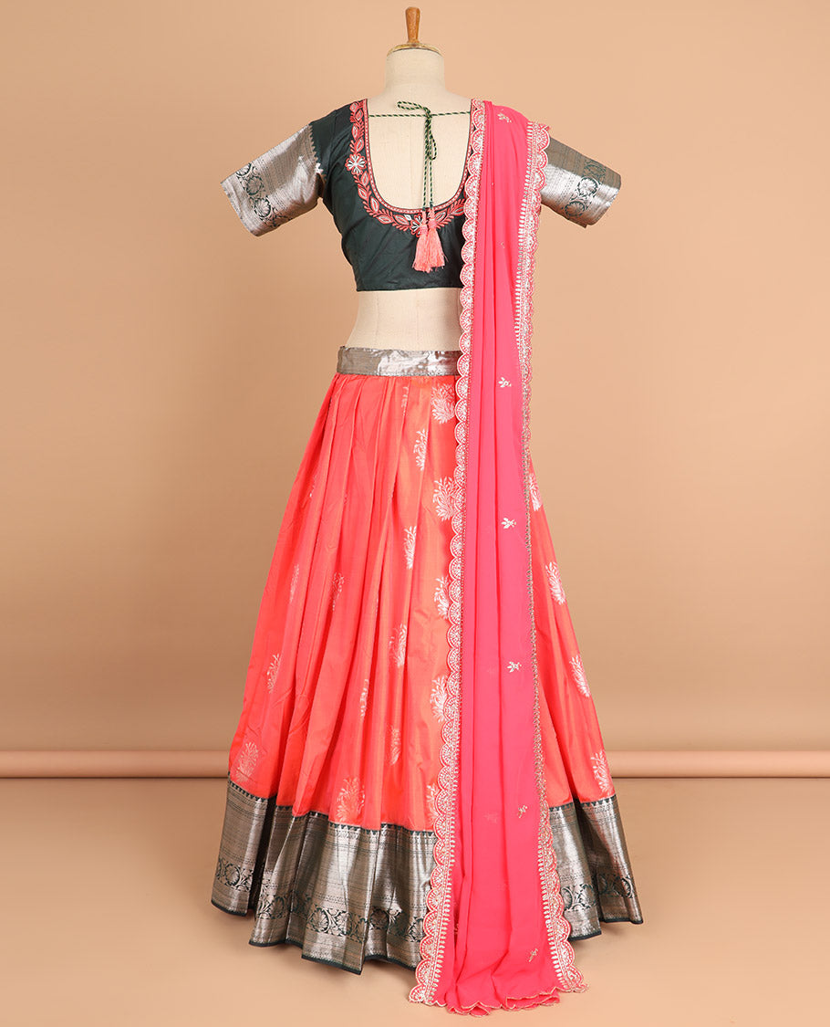 Red floral buttas art silk half saree with contrast zari design border , floral stone embroidery blouse & floral embroidered scallop border dhavani