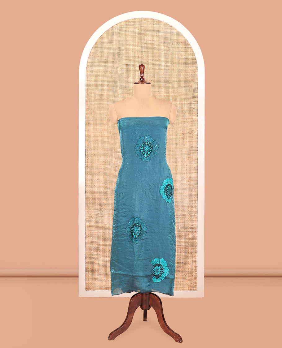 Rama Blue Velvet Organza Designer Material Chudidar, Floral Embroidery Top, Plain Bottom, Rose Printed Dupatta