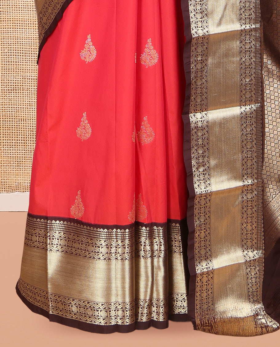 Brick-Coffee Brown Zari Buttas Budget Silk Saree, Contrast Traditional Zari Border, Grand Pallu, a Contrast Blouse
