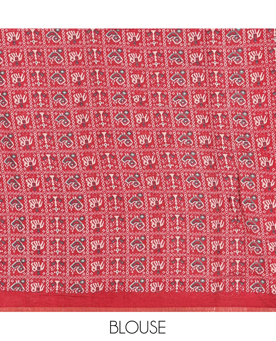Green Manipuri Tussar Saree, Delicately Woven with Mirror Work, a Contrast Patola Animal Motif Border, Patola Pallu, a Contrast Blouse