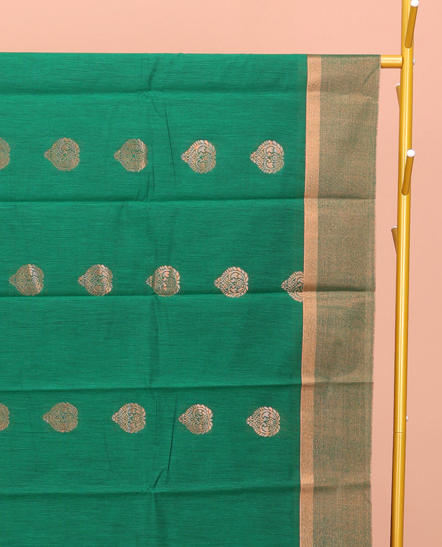 Green Semi-Silk Cotton Saree, Accentuated with Zari Buttas All Over Its Body, Highlighted by a Zari Border, Pallu of Intricate Zari Design, and Paired with a Matching Blouse