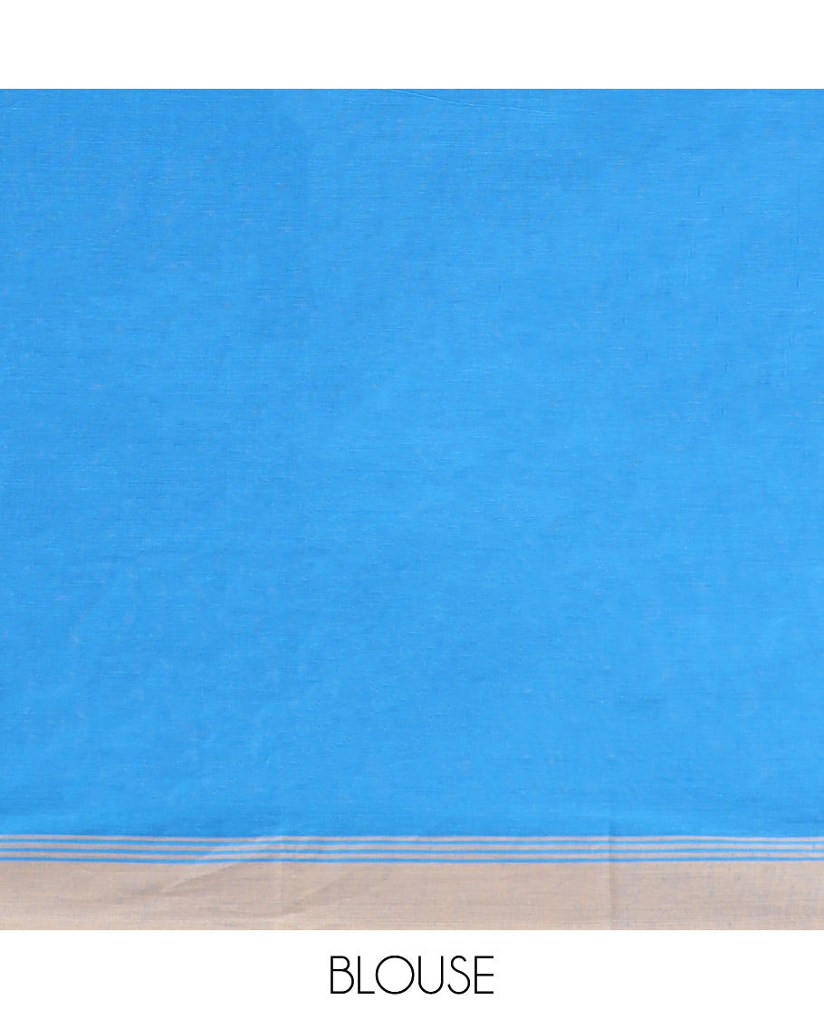 Light blue peacock motifs kanchi cotton saree with contrast striped border & floral motifs, striped pallu