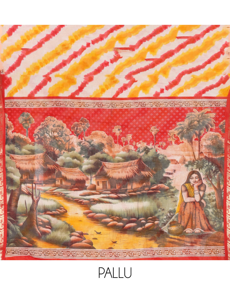 Yellow Muslin Cotton Saree Embellished with Zig-Zag Shibori Patterns Prints, Complemented by a Contrast Border of Deer Motifs in Zari, Pallu Decked Up with Scenery Print, and Paired with a Contrast Polka Dots Printed Blouse