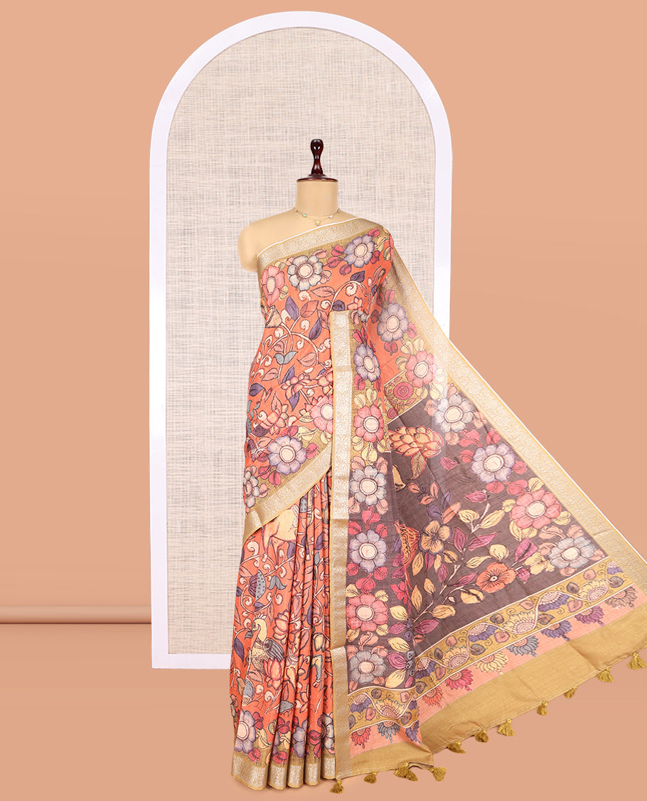 Peach Kalamkari Printed Fancy Tussar Saree