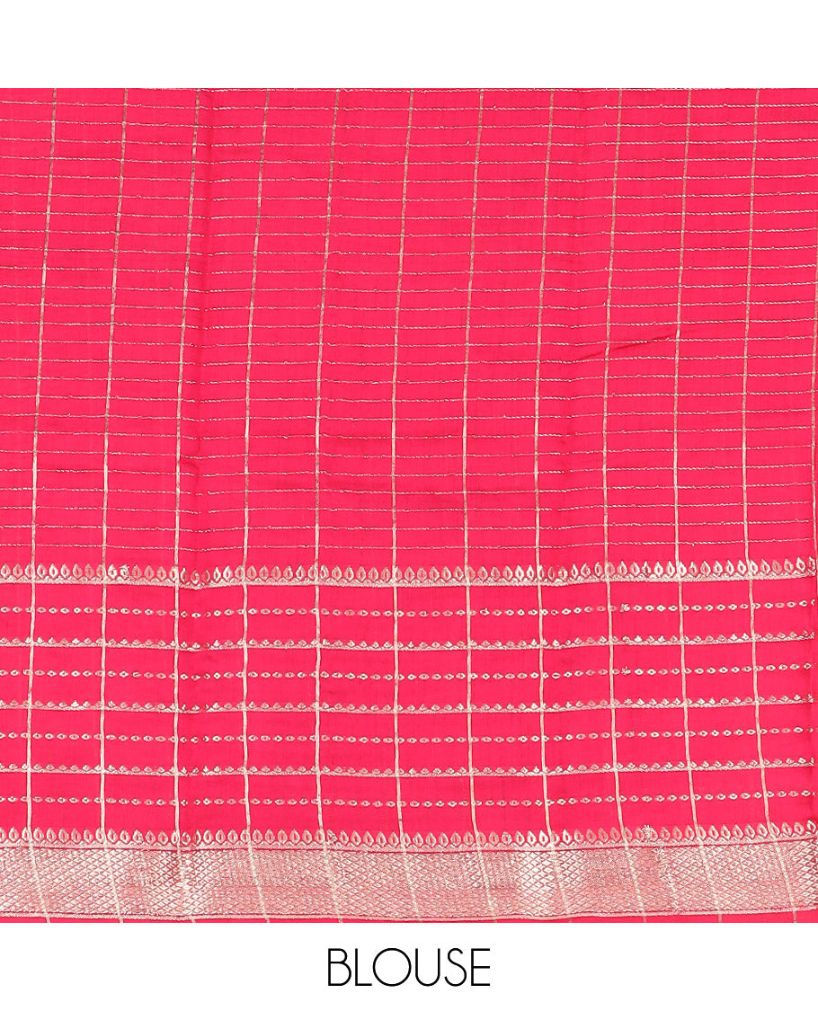 White Assam Silk Saree Richly Detailed with Zari Checks on Its Body, Complemented by a Contrast Border of Traditional Zari Designs, a Gleaming Pallu of Zari Stripes, and Paired with a Contrast Blouse