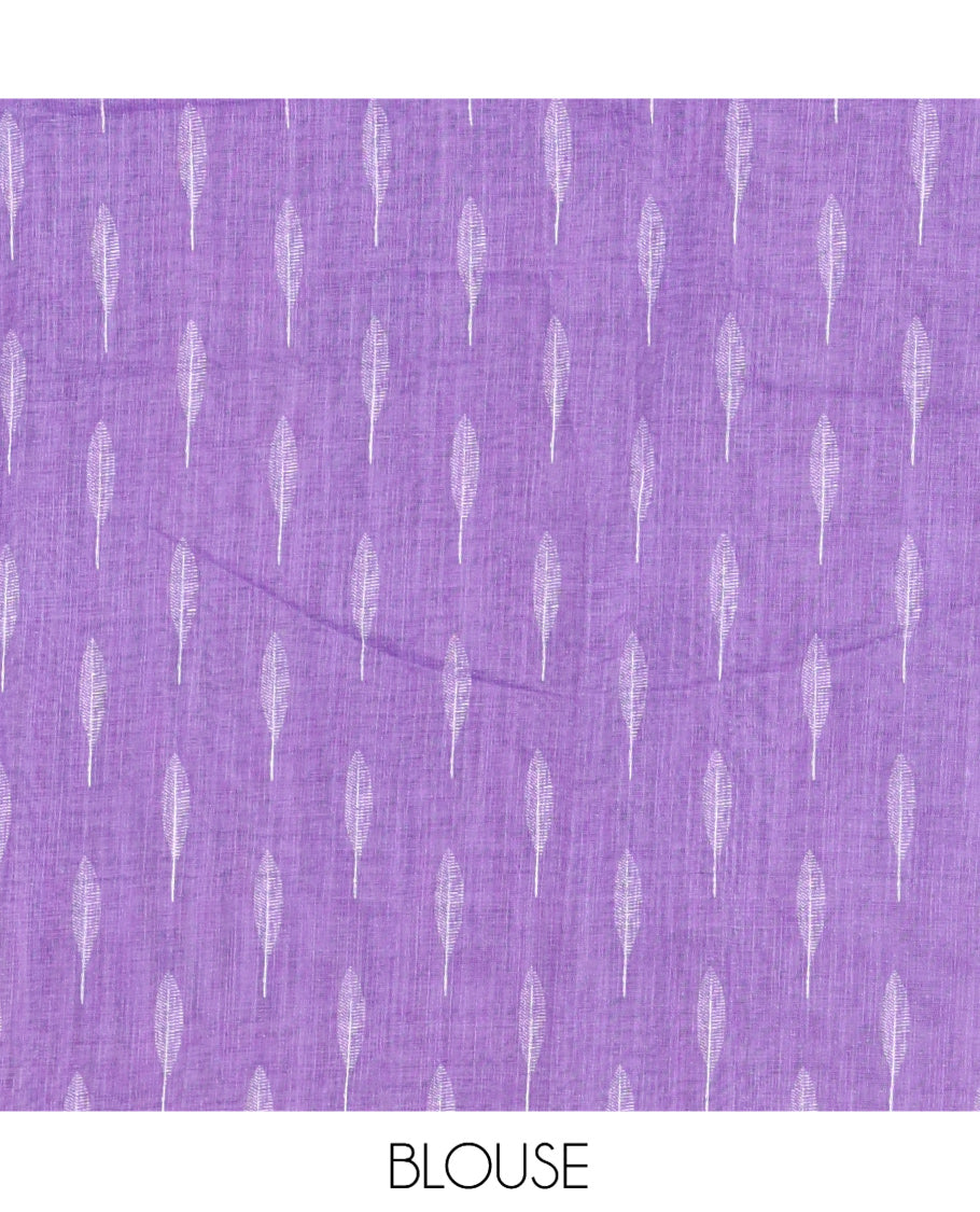 Violet Linen Cotton Saree Features Tree Print, a Zari Piping Border, and a Matching Blouse