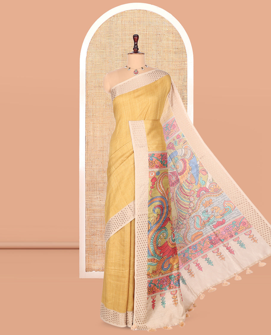 Mustard Plain Fancy Tussar Saree, Complemented by a Contrast Hashtag Motif Border, Kalamkari Flora-Fauna Printed Pallu, and a Contrast Blouse