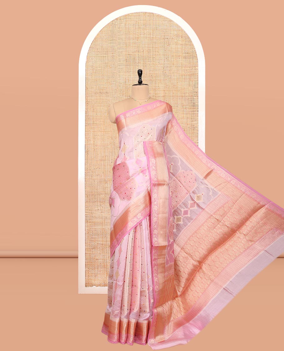 Pink Dupion Silk Saree, Elevated with Rangkat-Style Mughal Designs, a Contrast Traditional Zari Border, Ogee Pallu, and a Contrast Blouse