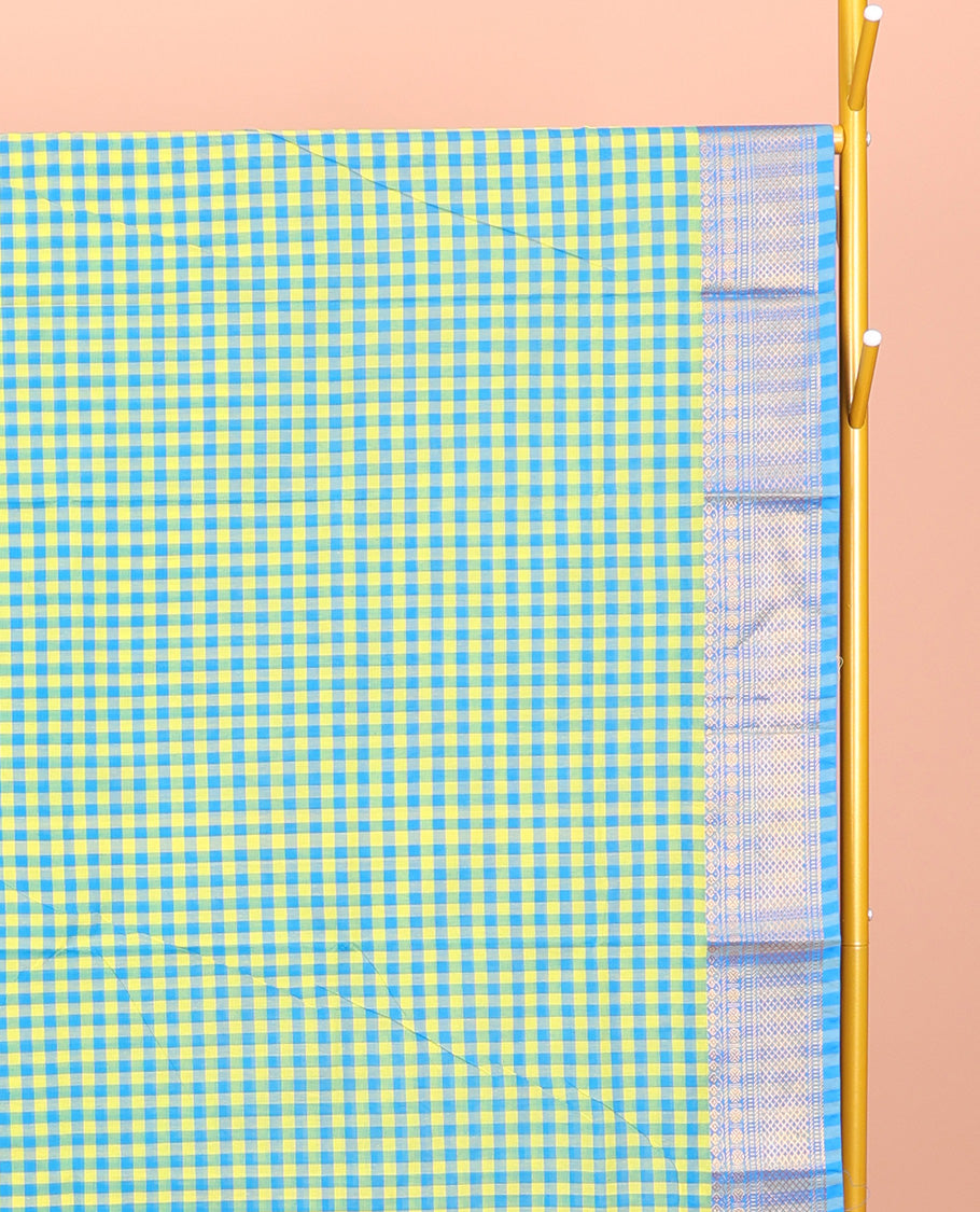 Green-Blue Chettinad Cotton Saree, Adorned with Micro-Checks, Complemented by Traditional Zari Design Border, Striped Pallu, and No Blouse