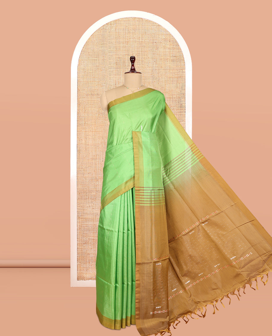 Green Banana Pith Saree, Woven with Buttas, a Contrast Border, Striped Pallu, and a Contrast Blouse