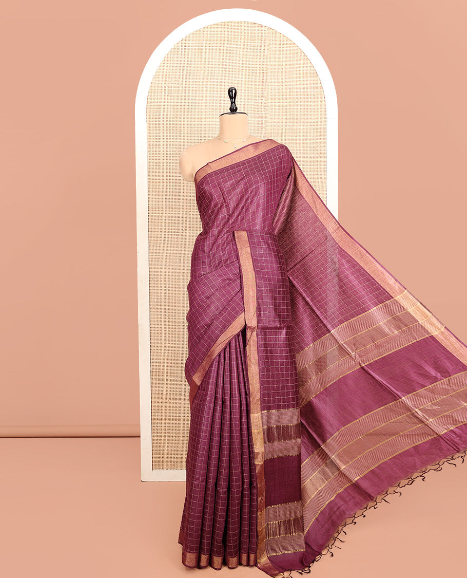 Wine Tussar Silk Saree, Detailed with Checks, a Subtle Border, Pallu Steeped with Stripes, and a Contrast Printed Blouse