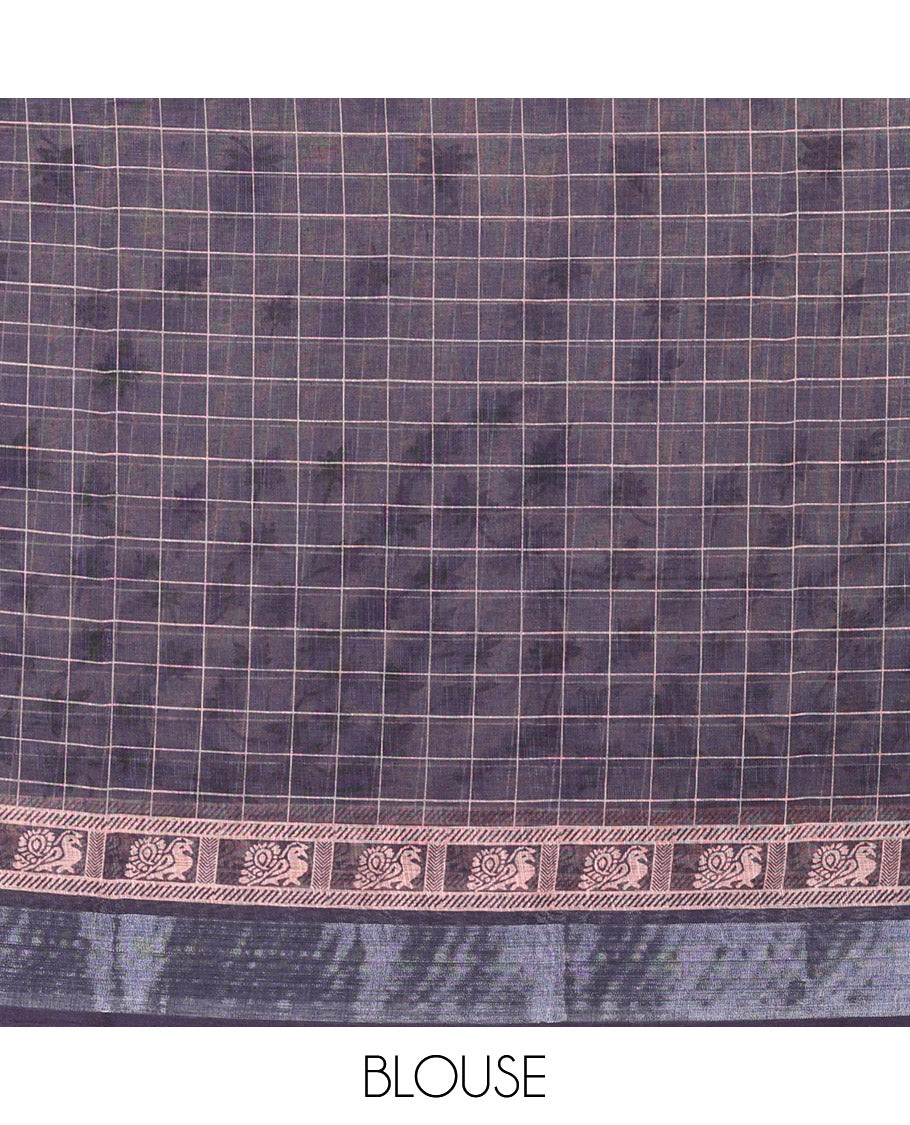 White and Black Linen Cotton Saree Featuring Field Maple Leaf Motifs Printed All Over the Body, Complemented by a Contrast Zari and Peacock-Printed Border, Pallu of Geometric Print, and Paired with a Contrast Checked Blouse