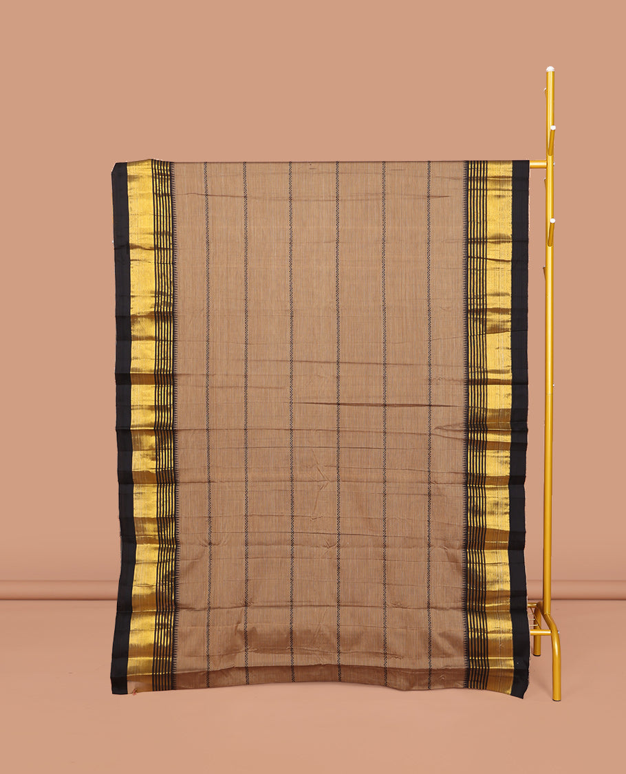 Brown Narayanpet Cotton Saree, Adorned with Veldhari Stripes, Complemented by a Contrast Temple Traditional Zari Design Border, Striped Pallu, and Comes Without a Blouse