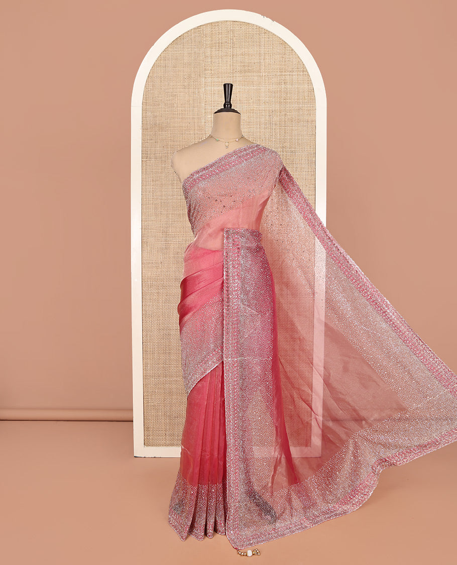 Onion Pink Fendi Silk Saree with Swarovski Stonework Border and a Stonework Blouse