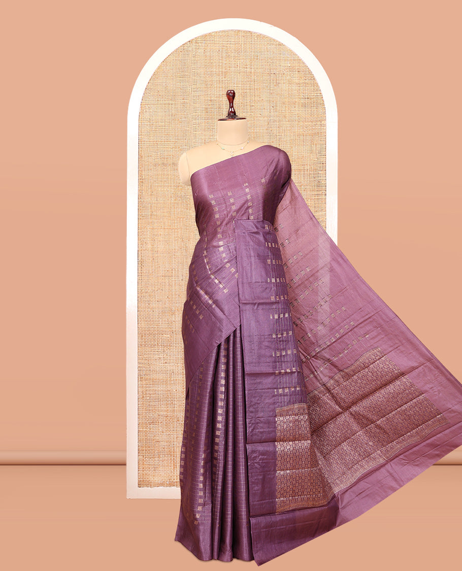 Purple Tussar Silk Saree, Adorned with Zari Buttas and Stripes, a Self-Border, Intricate Design Pallu, and a Matching Blouse