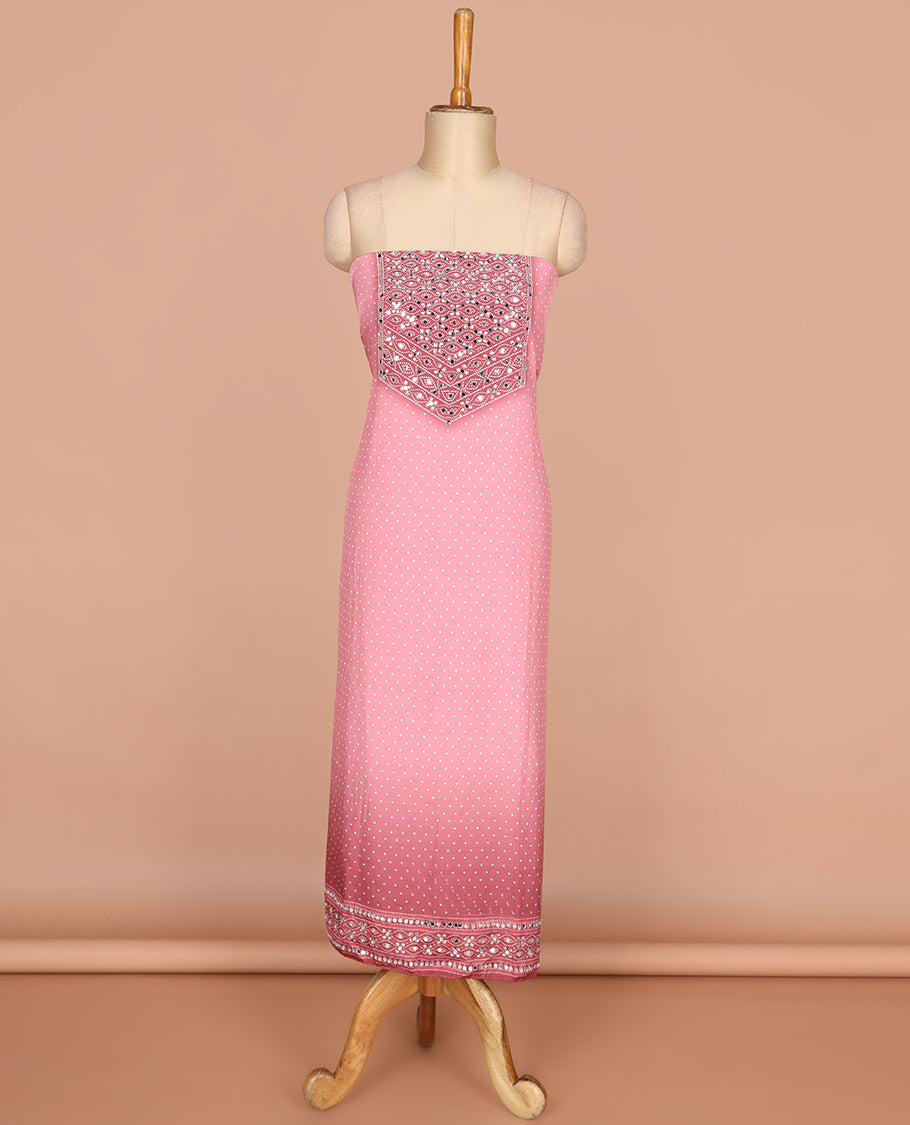 Dark pink bhandani print, stone,mirror work crepe chudidhar material top with american crepe pant & chinnon material bhandani print, mirror work dupatta