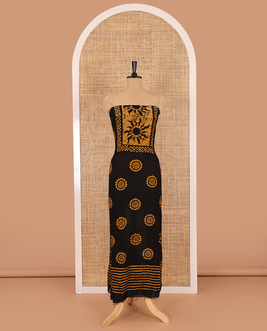 Black and mustard material chudidar set, sun brust and chakra motifs hand block printed Viscose georgette top, contrast bottom, and hand block printed viscose georgette dupatta