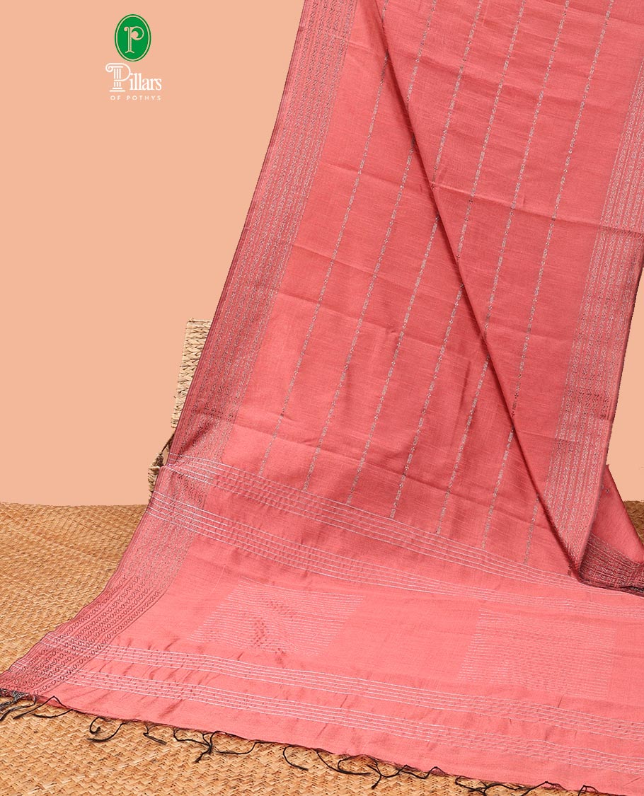 Onion pink antique runaway design art jute silk saree with antique zari border & silver box design pallu along with plain blouse
