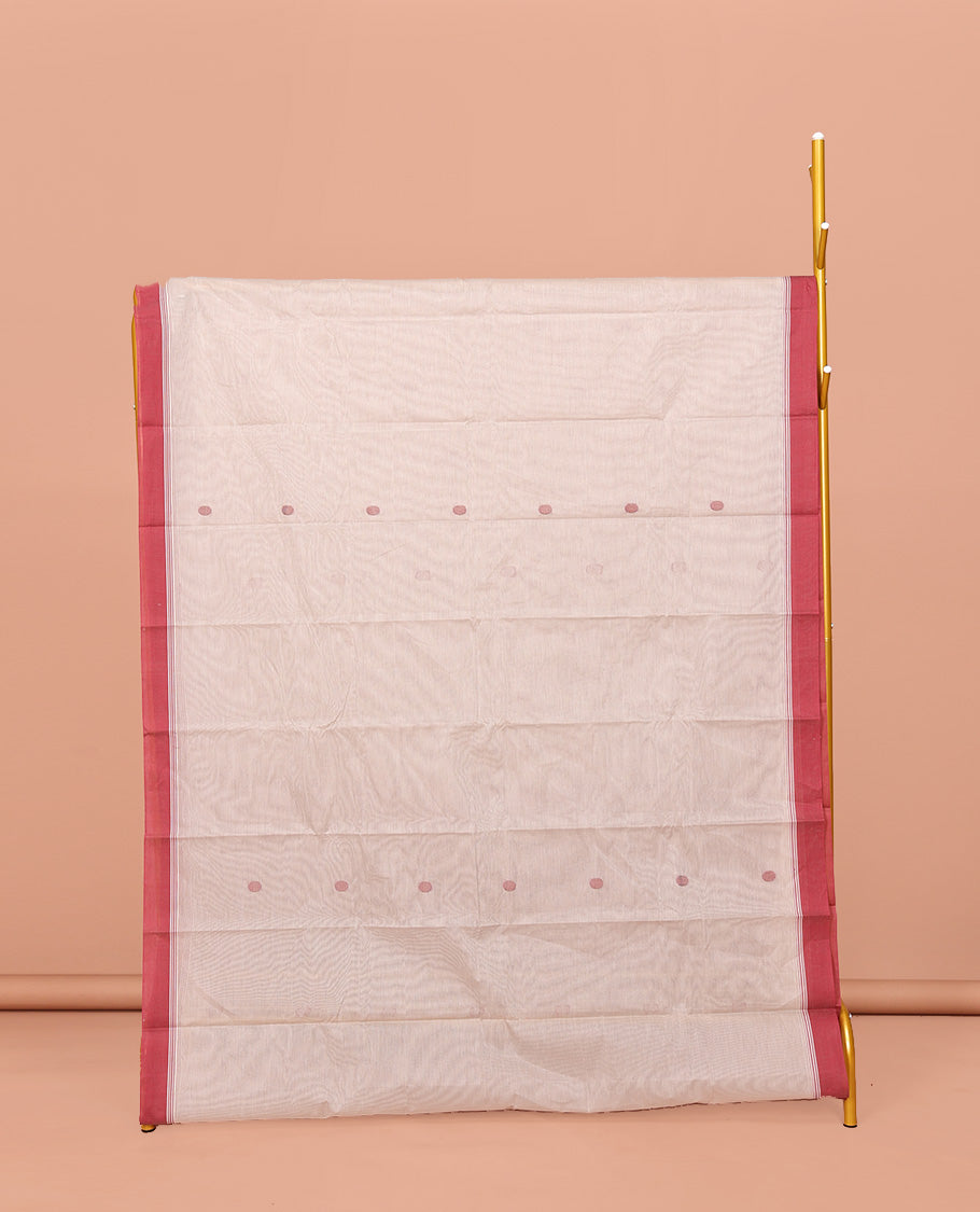Off-White Kanchi Cotton Saree, Delicately Woven with Buttas All Over Its Body, Complemented by Contrast Border, Geometric Patterned Pallu and Paired with a Matching Blouse