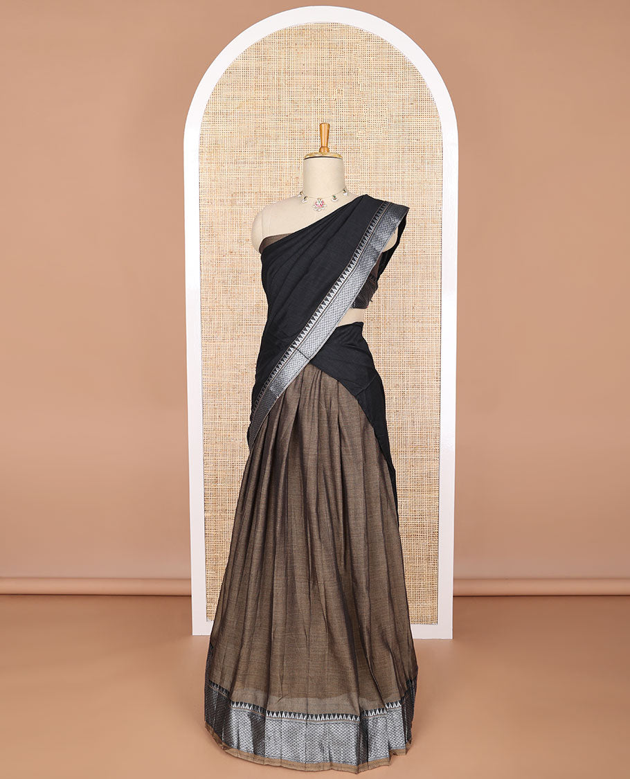 Brown cotton half saree with contrast checked, temple border , zari design blouse & checked, temple border dhavani