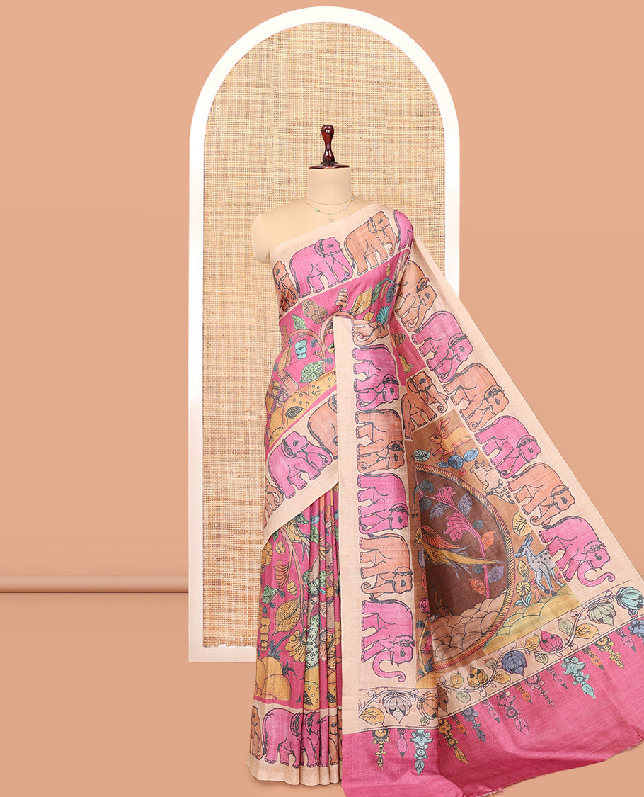 Pink Fancy Tussar Saree Features Kalamkari Floral and Animal Print, Contrast Elephant Border, Kalamkari Pallu, and a Contrast Blouse