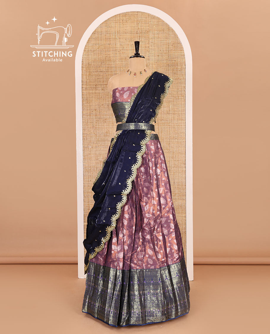 Purple and navy blue half-saree, leaf jacquard with contrast traditional bordered banarasi tissue skirt, a matching blouse, and a contrast scallop embroidered fendi organza dhavani