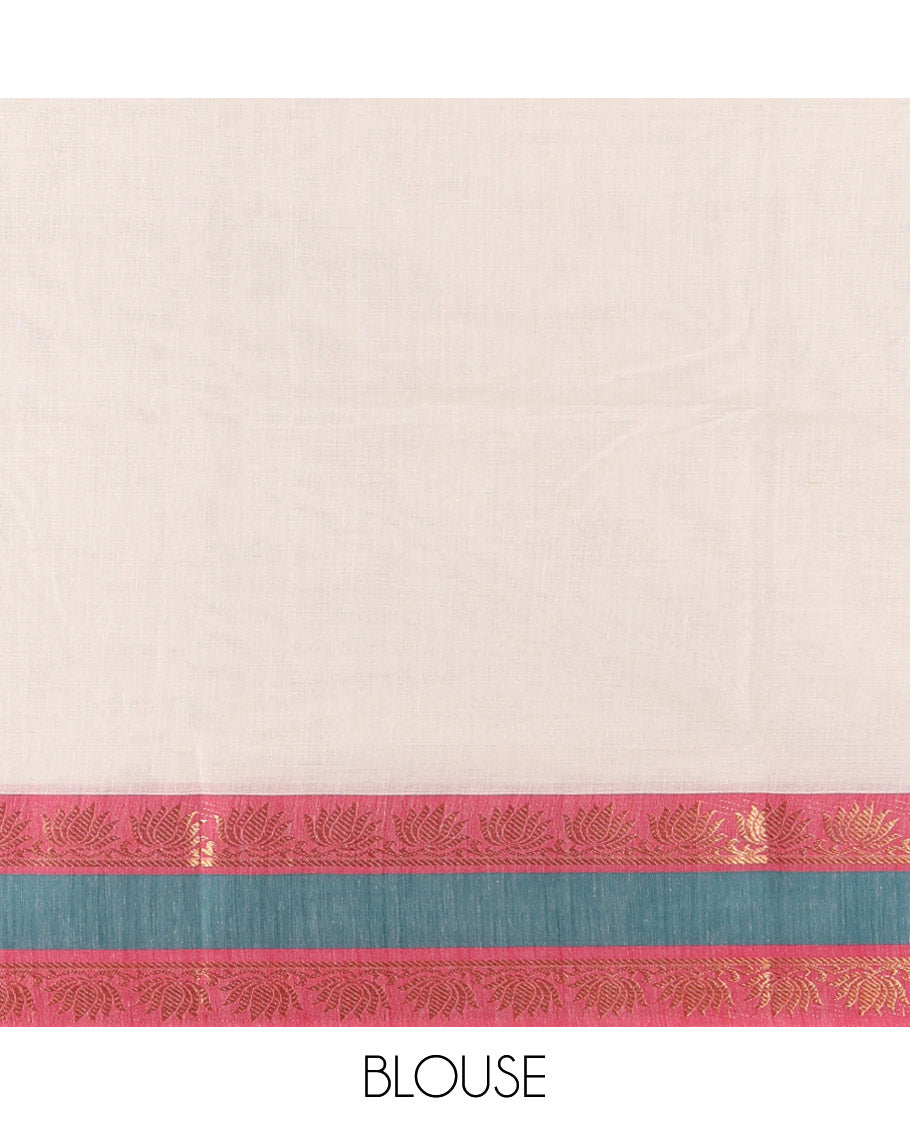 Cream Plain Kerala Cotton Saree, Contrast Pichwai Lotus Woven Border, a Matching Blouse