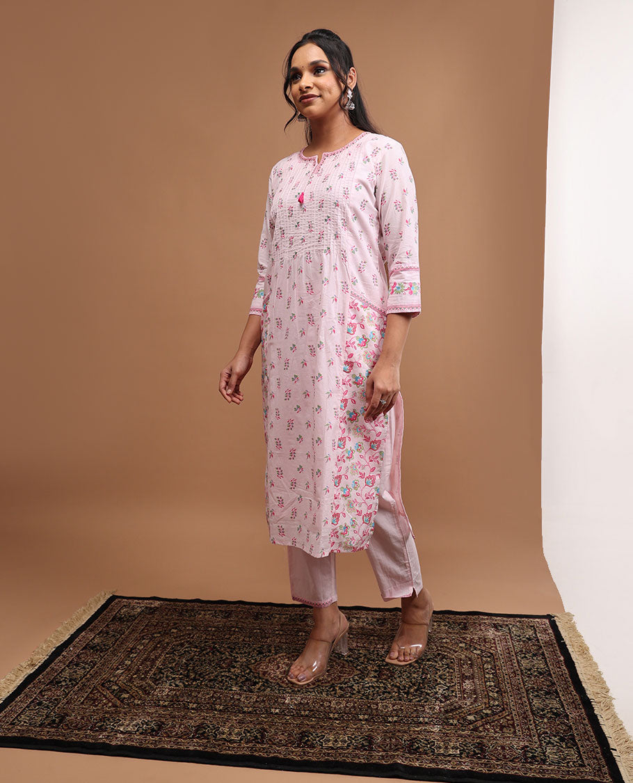 baby pink floral design round neck, 3/4 th sleeve,below knee lenght top with straight pants & floral printed dupatta