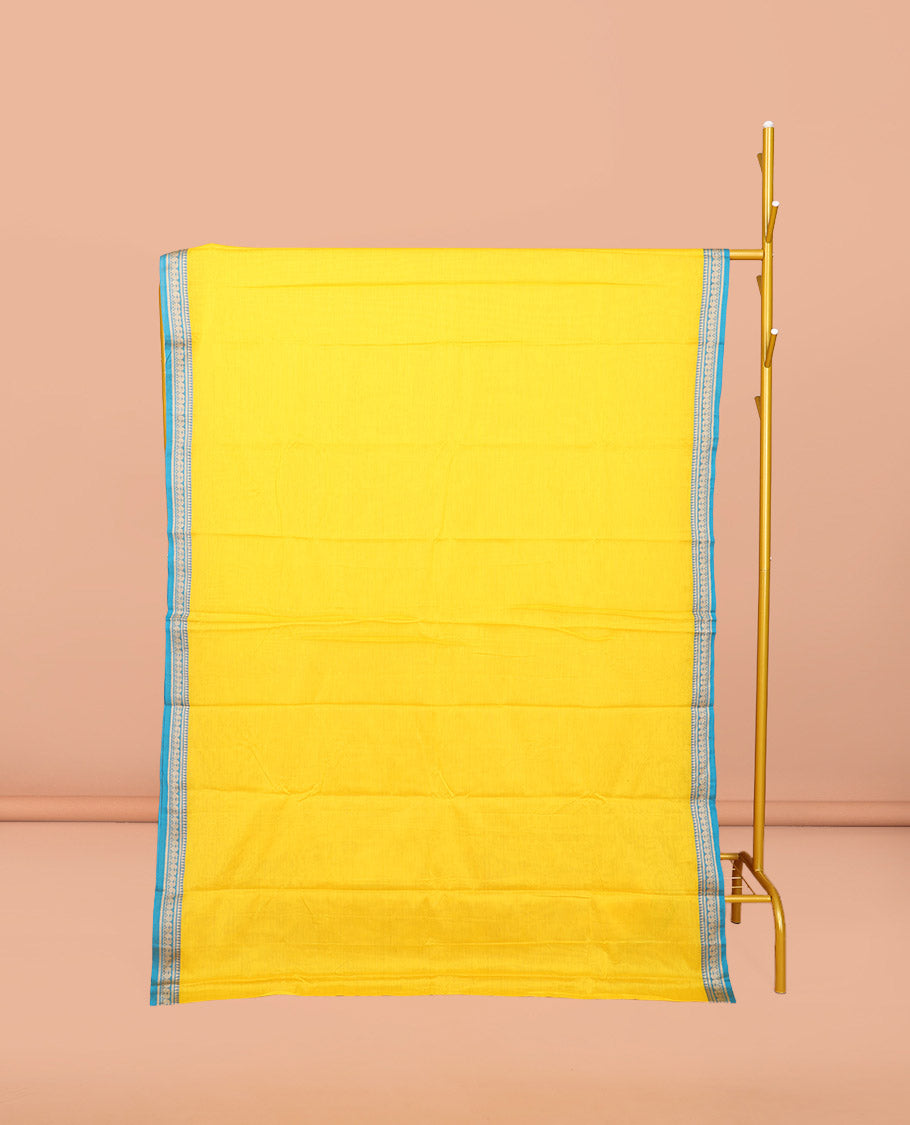 Yellow Plain Narayanpet Cotton Saree, Complemented by a Contrast Traditional Design Border, Striped Pallu, and Comes Without a Blouse