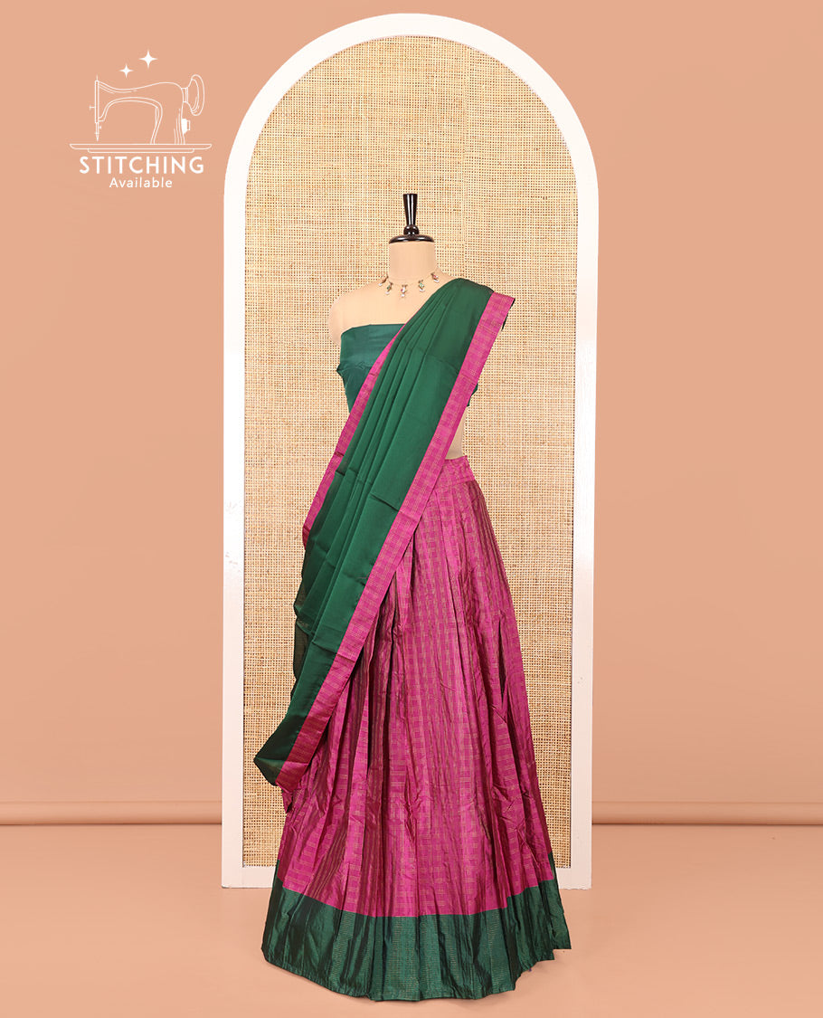 Purple and Green Checked Taffeta Silk Half-Saree, Complemented by Contrast Sparsely Striped Border, Paired with a Contrast Blouse, and Comes with Subtle-Bordered Satin Georgette Dhavani