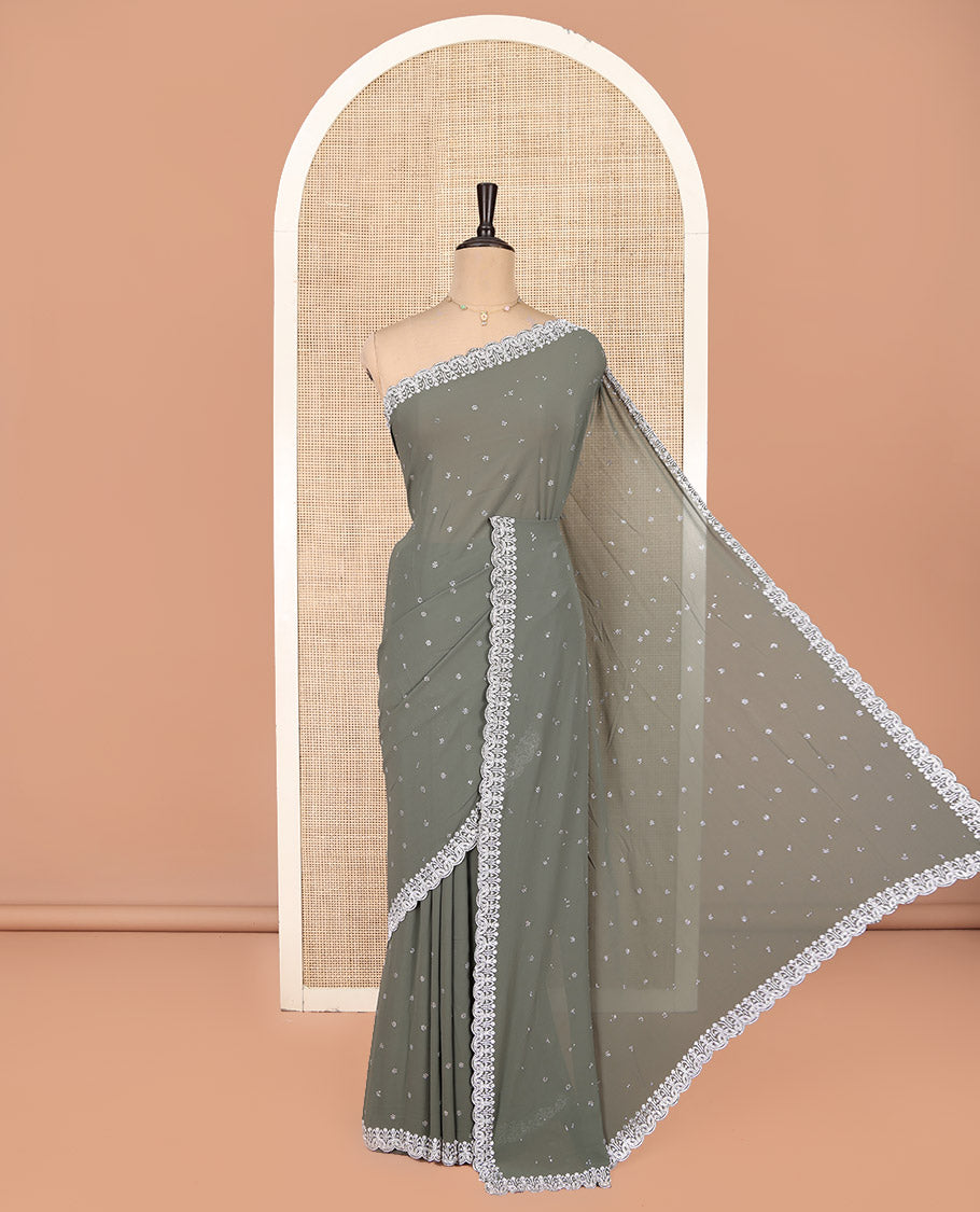 Green Designer Saree, Detailed with Micro-Stone Work, Scallop Micro-Stone Work Border, a Self-Pallu, and a Matching Blouse