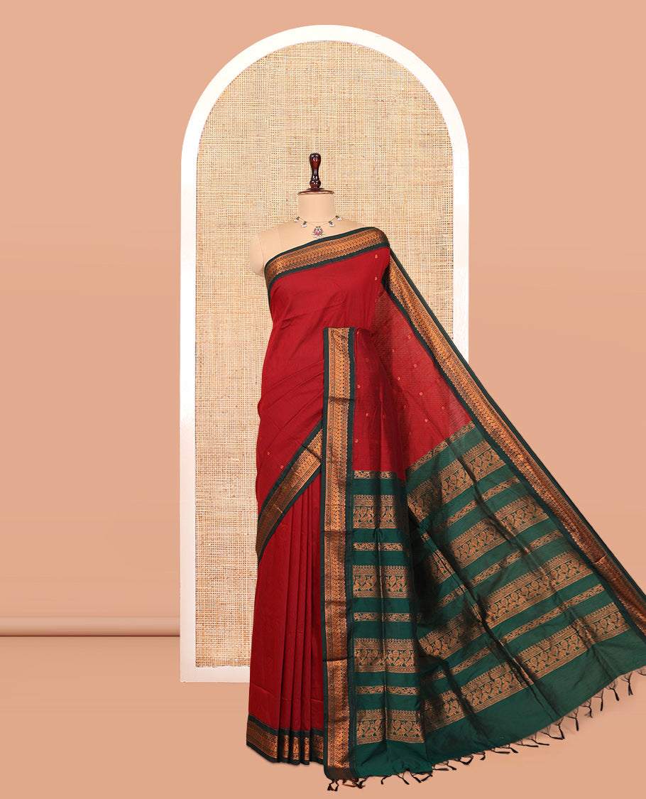 Red Kalyani Cotton Saree, Woven with Thread Buttas, Complemented by a Contrast Traditional Border, Traditional Pallu, and a Contrast Blouse