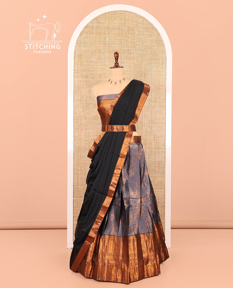 Grey-Black Semi-Banarasi Half-Saree Features Jacquard Skirt, Contrast Traditional Border, Matching Blouse, and Syska Georgette Dhavani