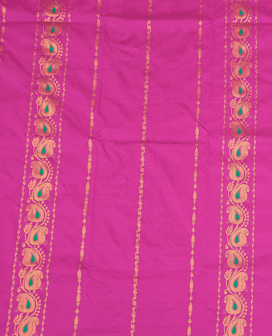 Pink Art Silk Pavadai Material Set, Embellished with Zari Designs on Its Skirt, Complemented by a Contrast Traditional Zari Border, and a Matching Blouse