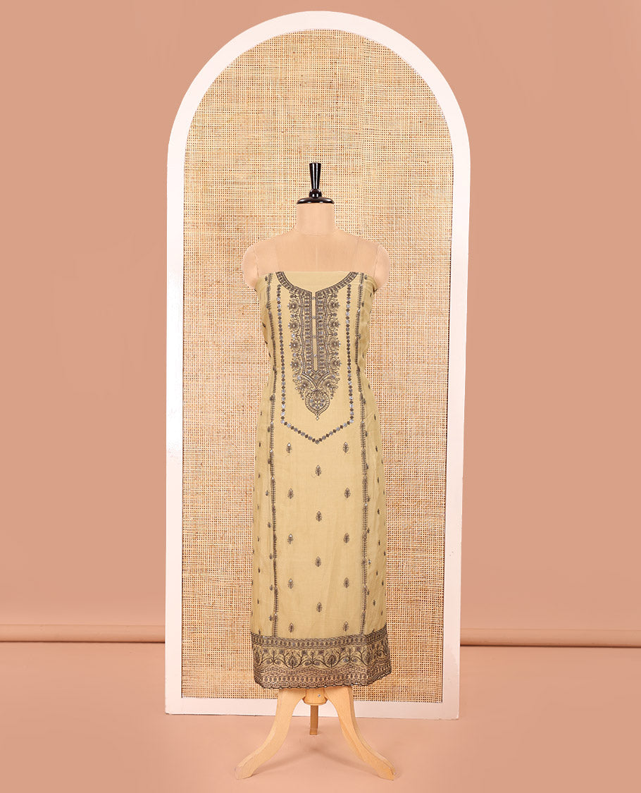 Golden Material Chudidar Set Adorned with Embroidered Organza Chiffon Top, Subtly Made Plain Santoon Bottom, and a Organza Dupatta Featuring Floral Jaal Embroidery