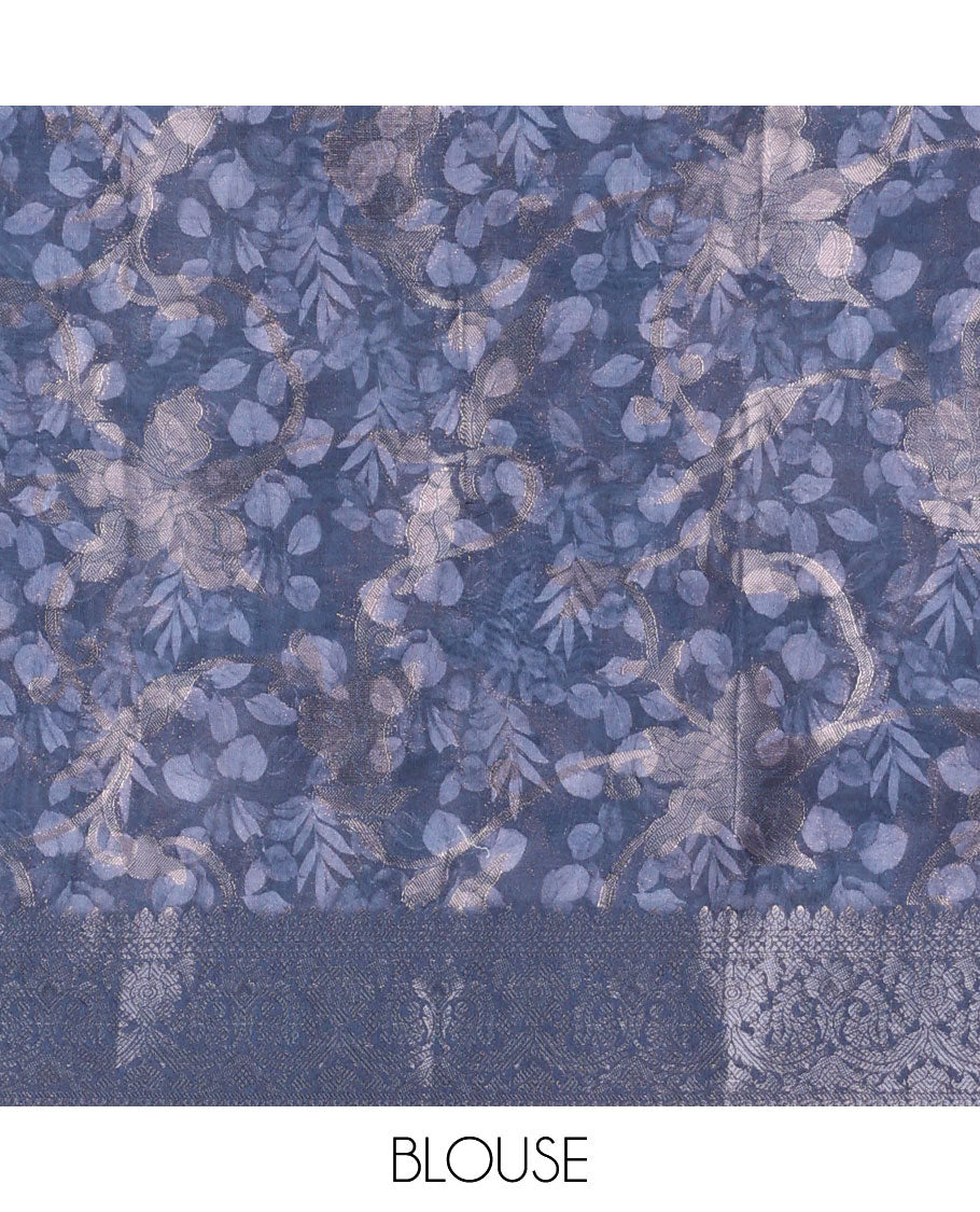 Grey floral digital print semi-dupion saree with self zari weaving border