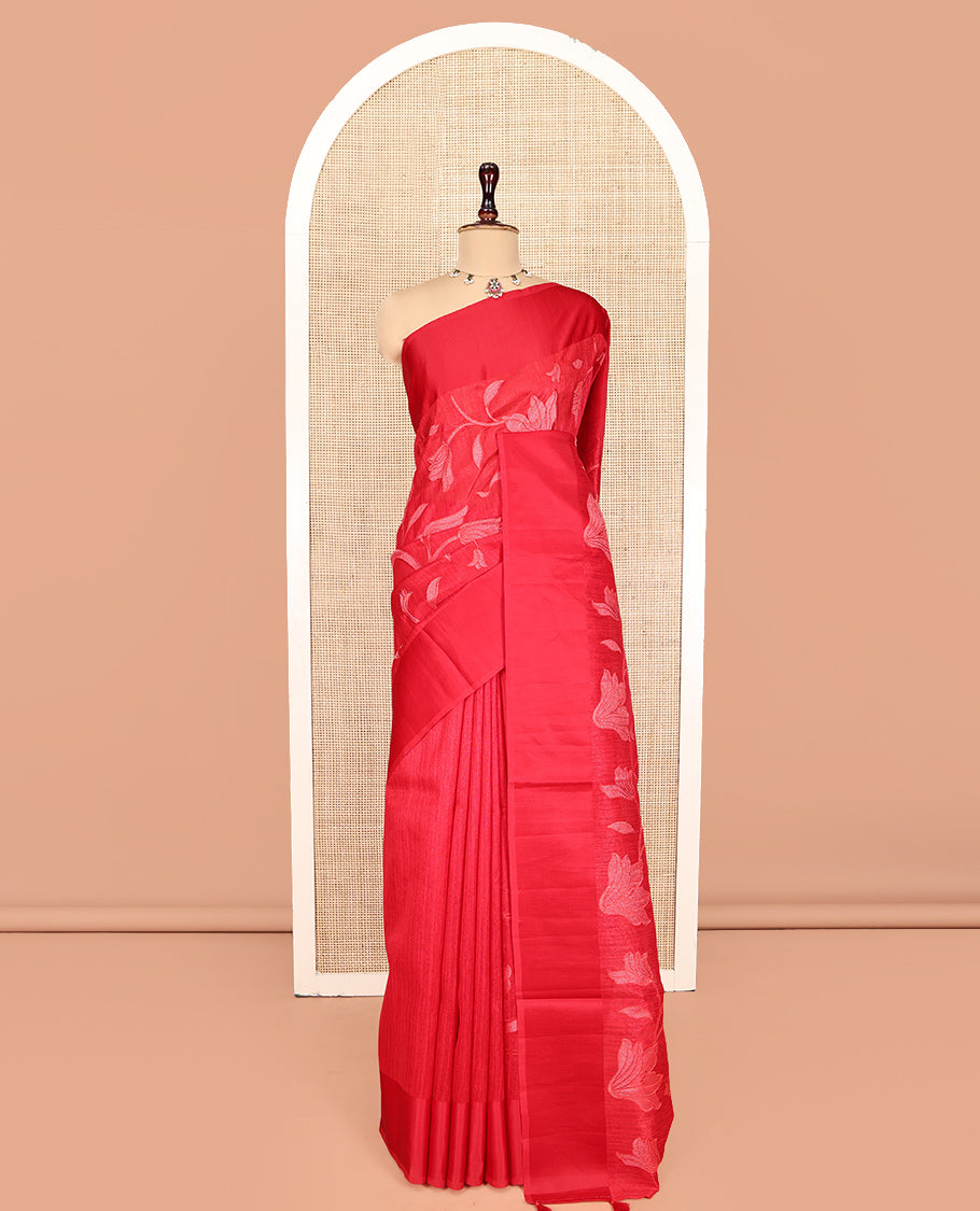 Red Green Silk Saree, Finely Crafted with Floral Vine Cross Stitch Embroidery on Its Body, Subtle Self-Satin Border, Pallu of Floral Vine Cross Stitch Embroidery, and Paired with a Plain Blouse