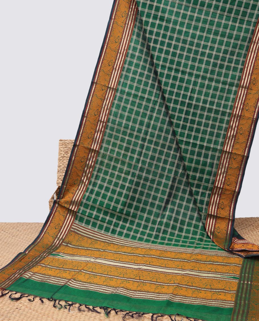 Green checked design cotton silk saree with contrast striped design border & intricate zari design pallu