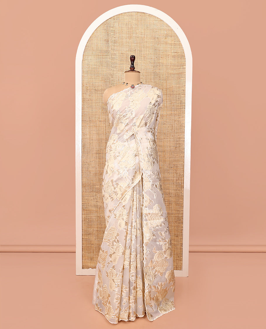 Gold Turkey Organza Saree Features Floral Gold-Glitter work, Scallop Border, Embroidered Blouse